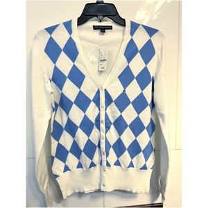 Brooks Brothers White & Blue Argyle V-Neck Cardigan Medium NWT